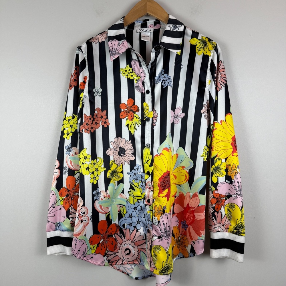 Oo La La Top Women's L Multi Floral Striped Button Front Long Sleeve Retro Artsy